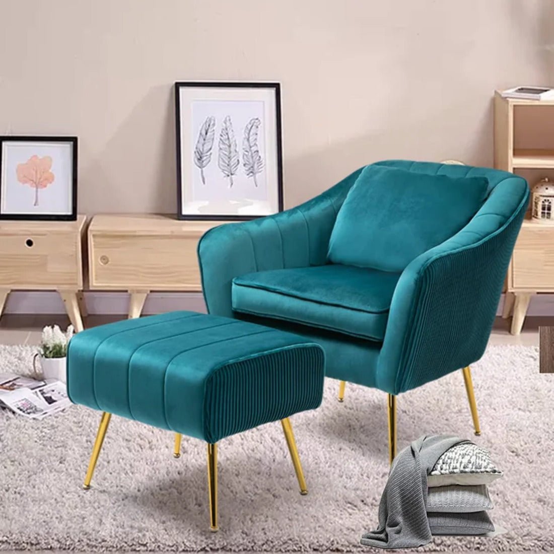 Emerald Fluffy Super Comfy Velvet Luxury Accent Chair with Ottoman - Decor Smart
