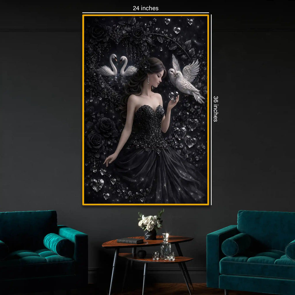 Enchanted Swan Princess Floating Frame Crystal Wall Painting