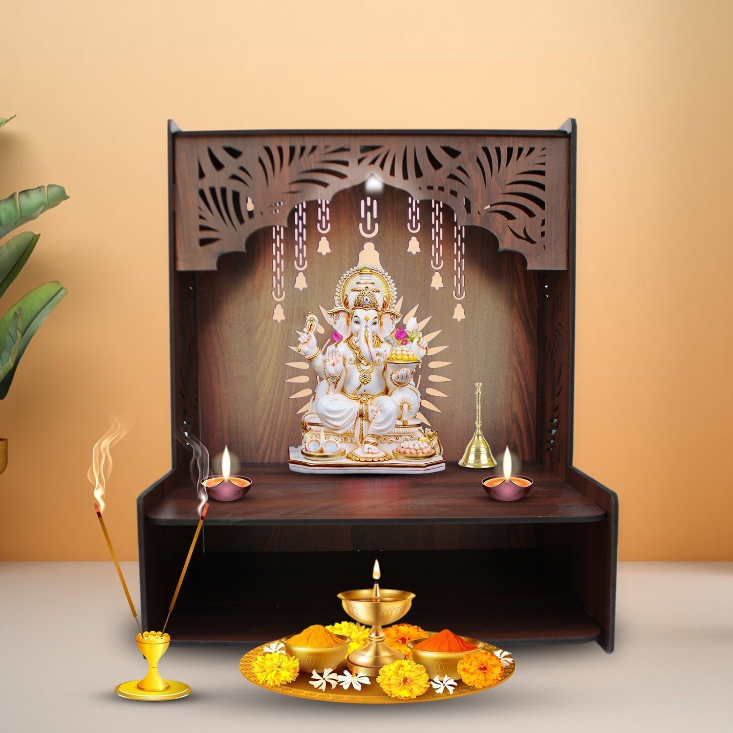 Essentials Wooden Temple for Home with Spacious Shelf & Inbuilt Focus Lights - Decor Smart