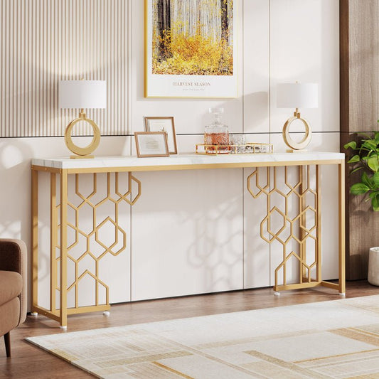 Exquisite Geometric White Faux Marble Robust And Enduring Frame Console Table - Decor Smart