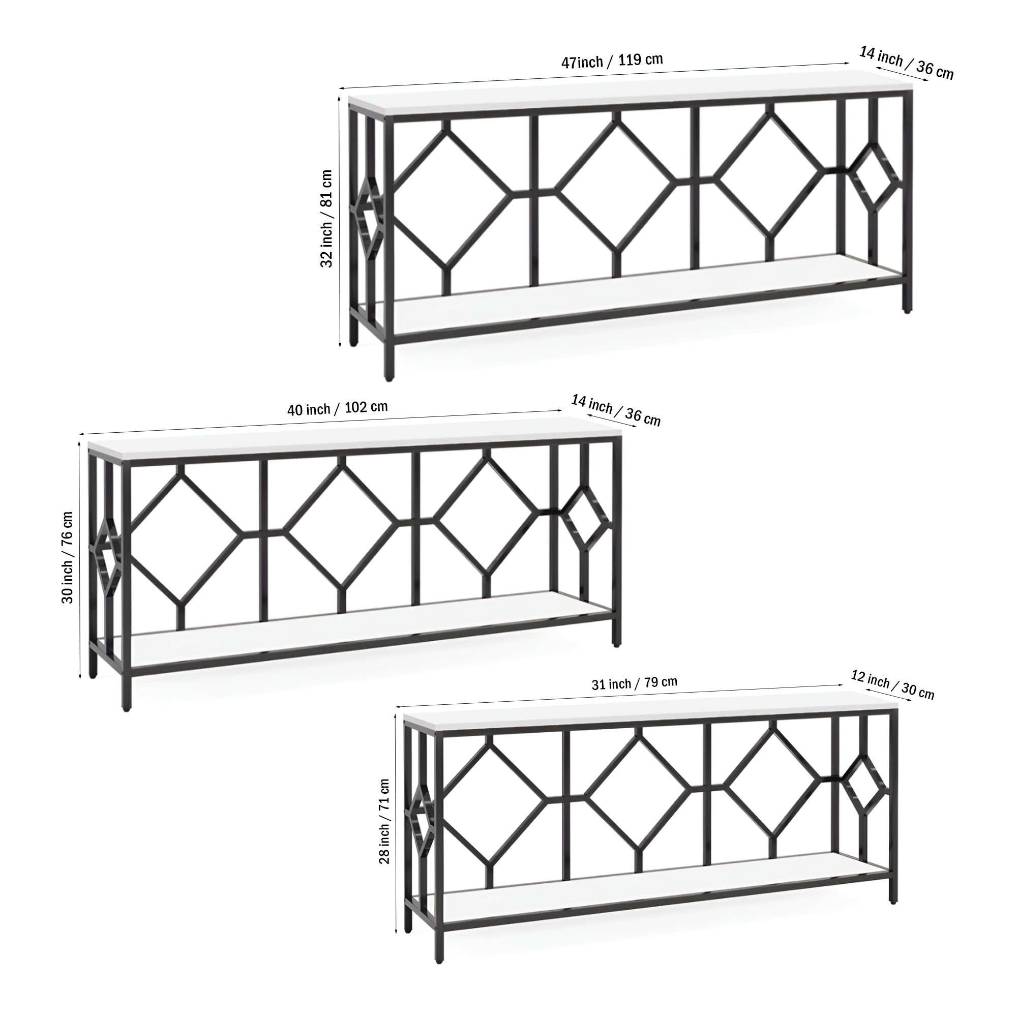 Extra Long White Black Durable Marble 2 Tier Console Table - Decor Smart