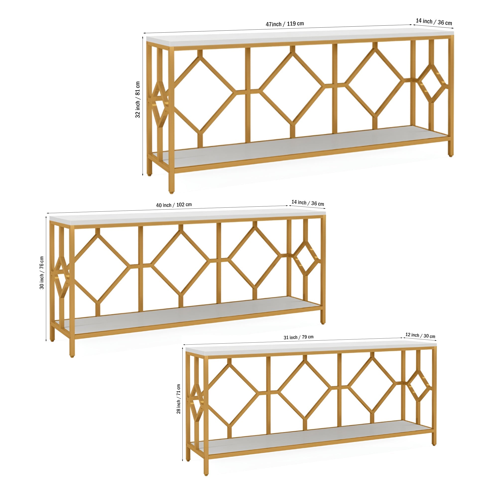 Extra Long White Gold Durable Marble 2 Tier Console Table - Decor Smart