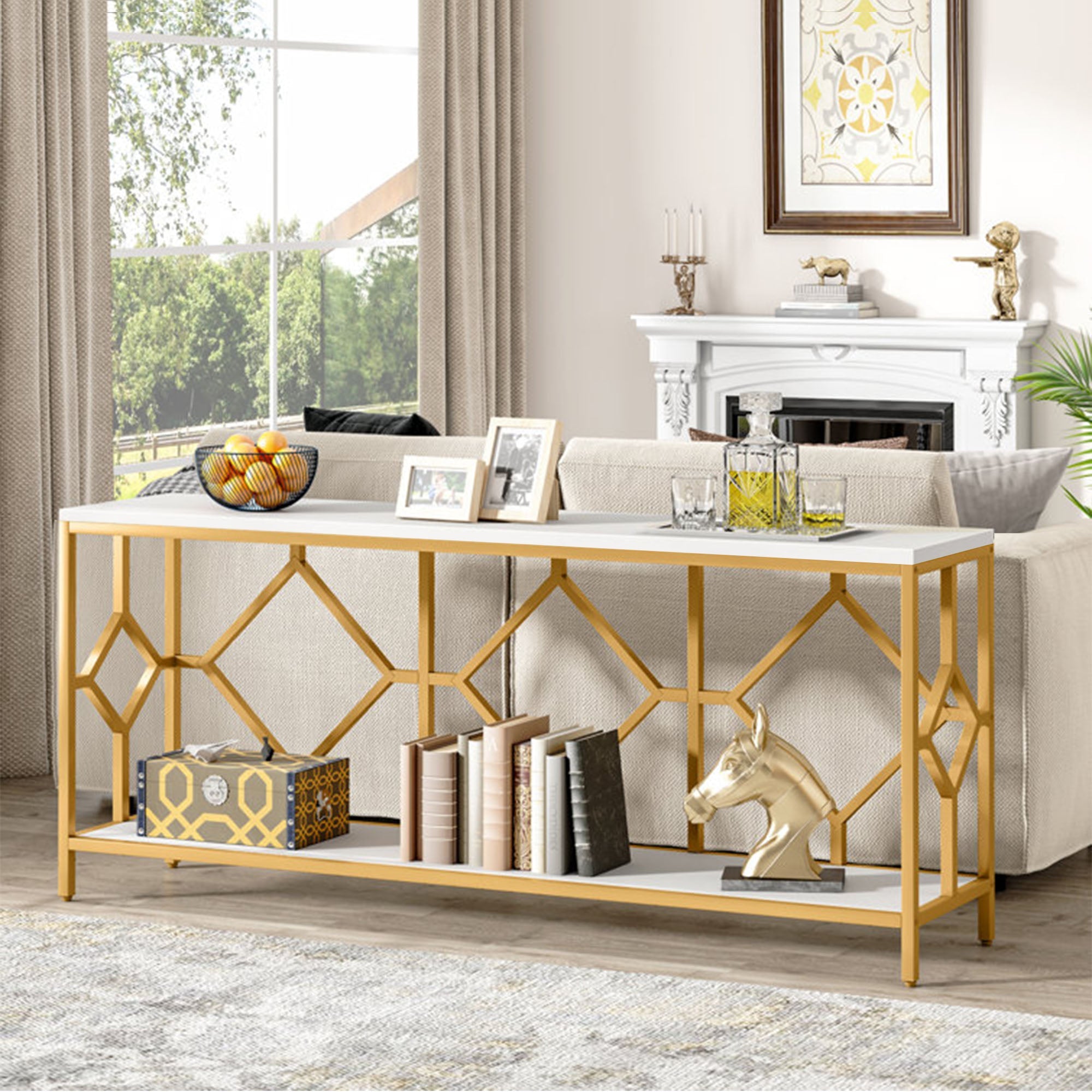 Extra Long White Gold Durable Marble 2 Tier Console Table - Decor Smart