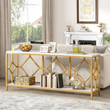Extra Long White Gold Durable Marble 2 Tier Console Table - Decor Smart