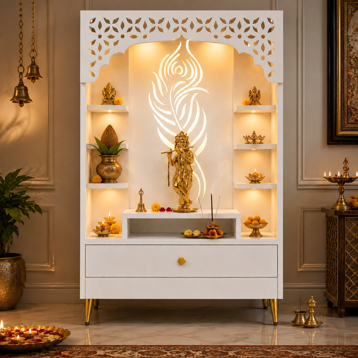 Designer Floor Pooja Mandir with LED Panel and Krishna Theme