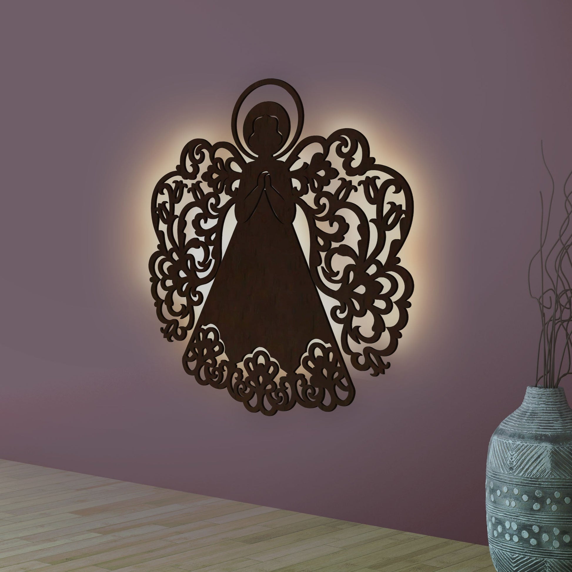 Fairy Angel Backlit Wooden Wall Hanging with LED Night Light Walnut Finish - Decor Smart