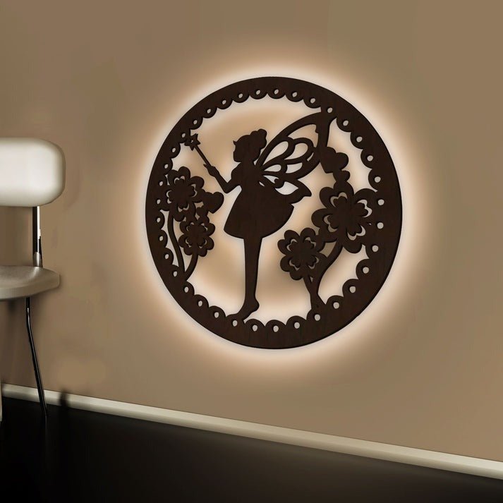 Fairy Butterfly Angel Backlit Wooden Wall Hanging with LED Night Light Walnut Finish - Decor Smart