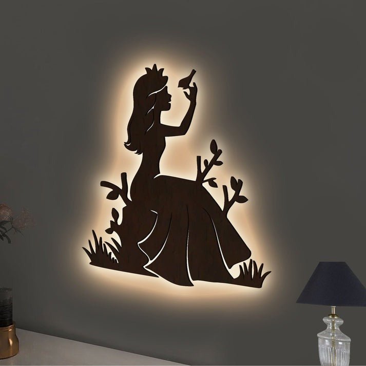 Fairytale Princess Backlit Wooden Wall Decor with LED Night Light Walnut Finish - Decor Smart