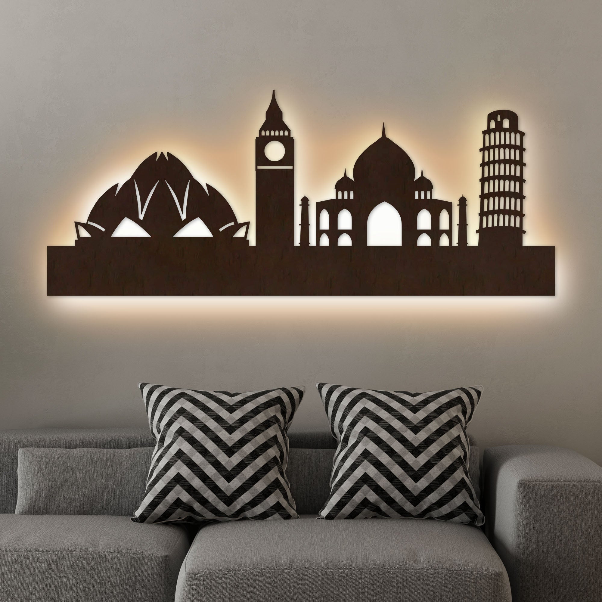 Famous Architectures Backlit Design Wooden Wall Hanging with LED Night Light Walnut Finish - Decor Smart