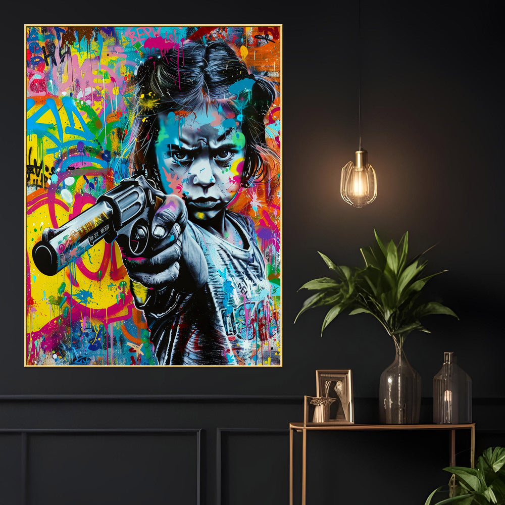 Fierce Girl with Attitude Revolver Rebel Cotton Canvas Wall Painting