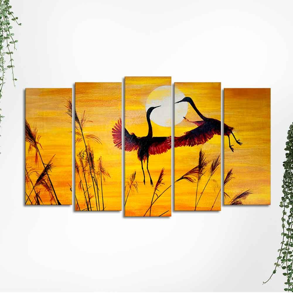 Flamingos Flying in Sunset 5 Pieces Wall Painting - Decor Smart