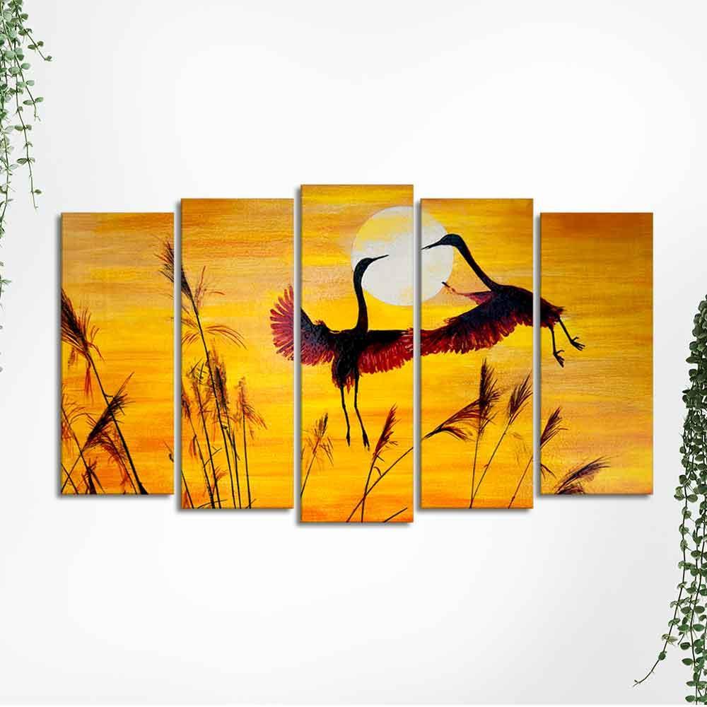 Flamingos Flying in Sunset 5 Pieces Wall Painting - Decor Smart