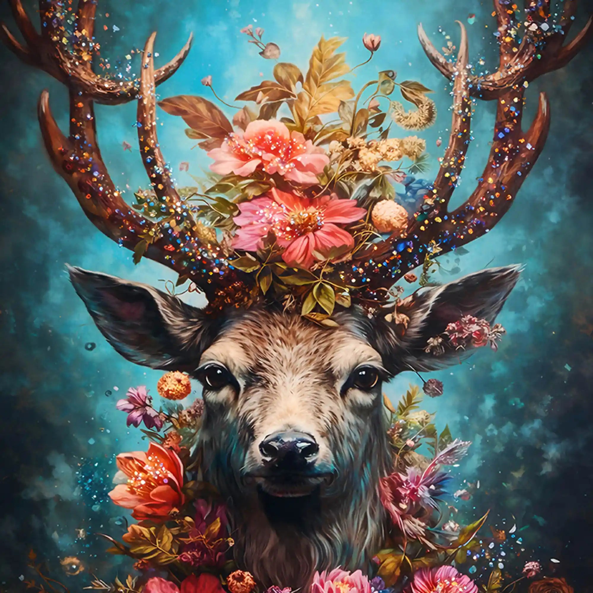 Floral Deer Wall Art Floating Frame Crystal Wall Painting