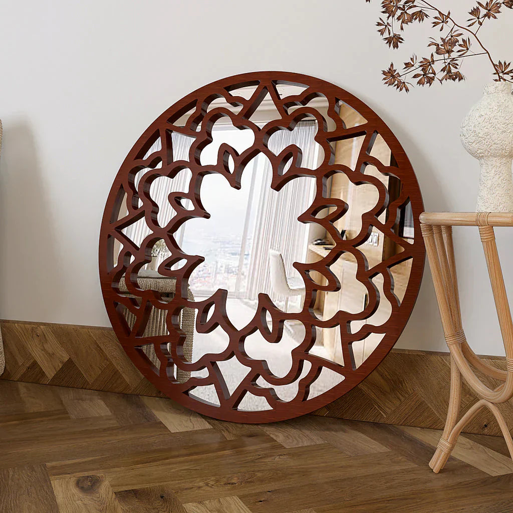 Floral Designer Circular Wooden Decorative Wall Mirror