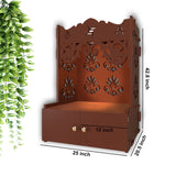 Floral Designer Pattern Floor Temple with Spacious Wooden Shelf & Inbuilt Focus Light - Brown Finish - Decor Smart