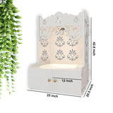 Floral Designer Pattern Floor Temple with Spacious Wooden Shelf & Inbuilt Focus Light - White Finish - Decor Smart