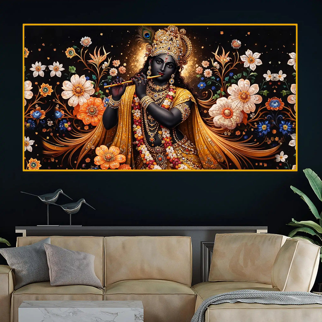Floral Krishna Crystal Glass Wall Painting for Luxury Décor