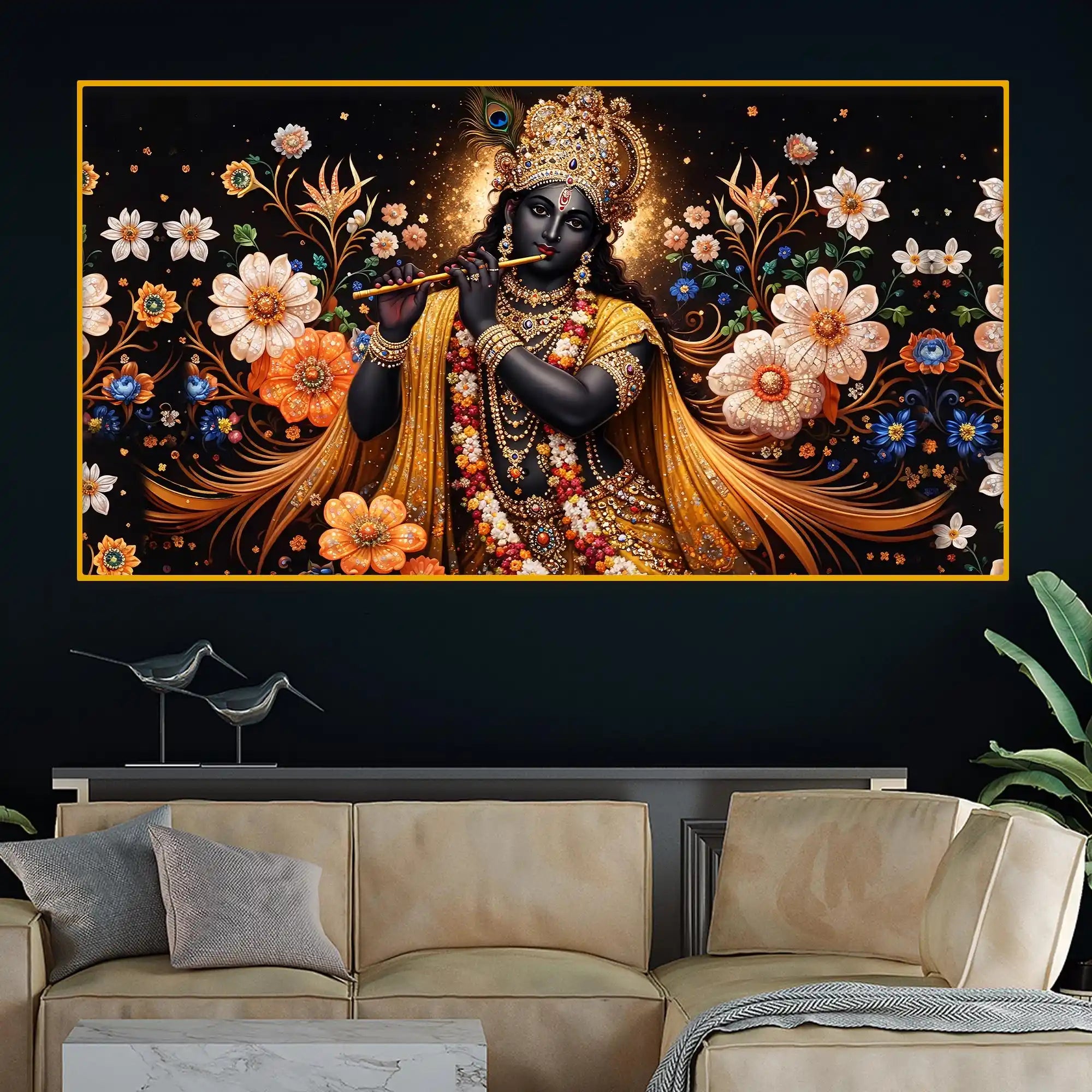 Floral Krishna Crystal Glass Wall Painting for Luxury Décor