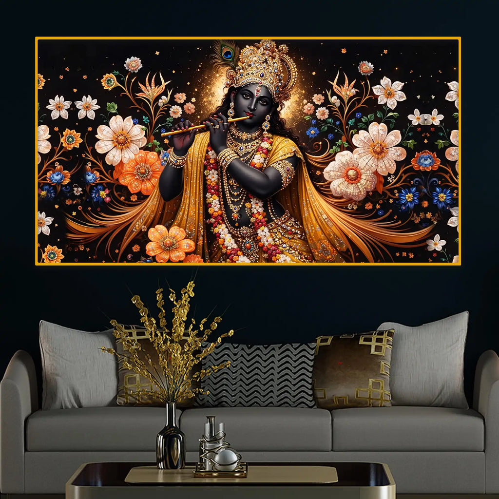 Floral Krishna Crystal Glass Wall Painting for Luxury Décor