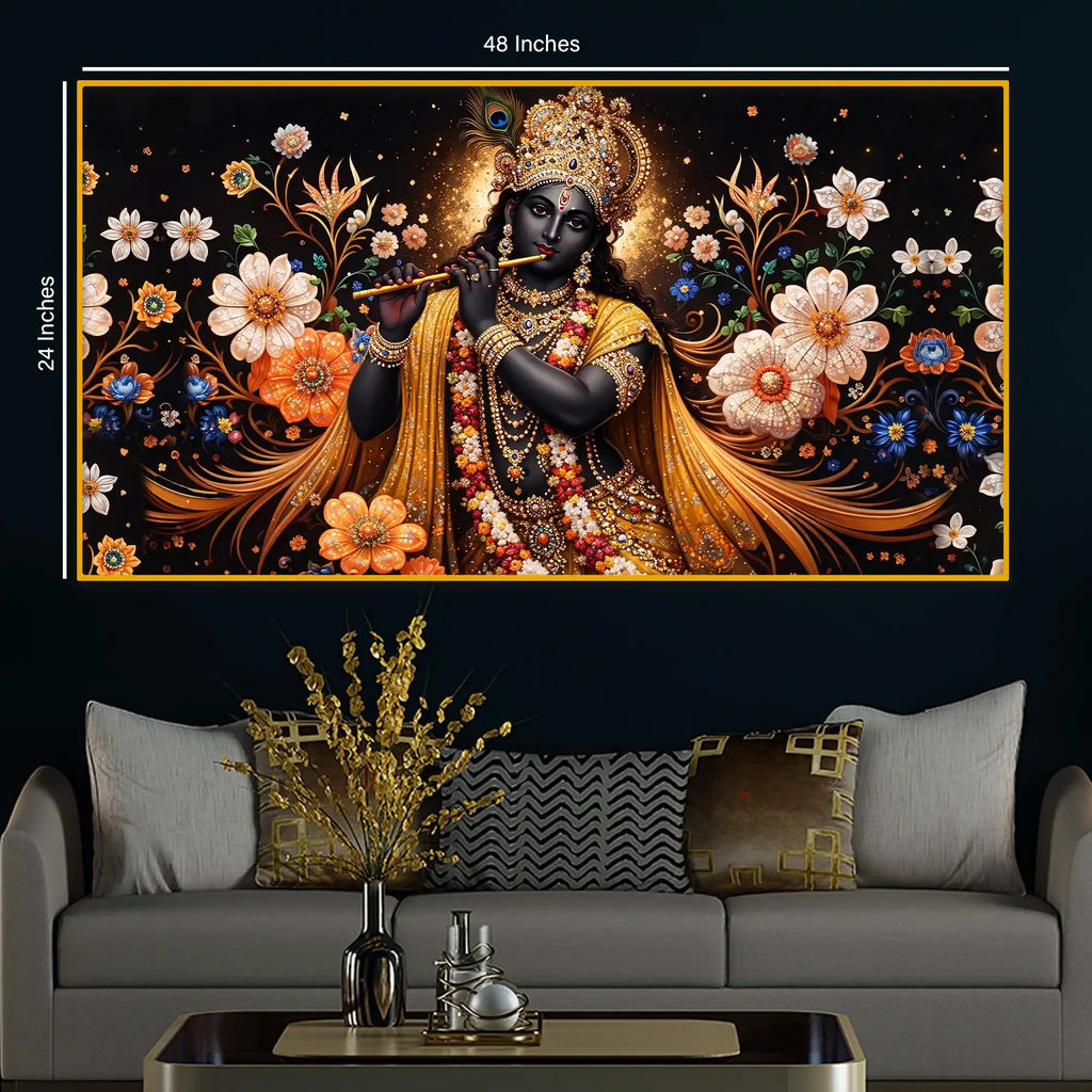 Floral Krishna Crystal Glass Wall Painting for Luxury Décor