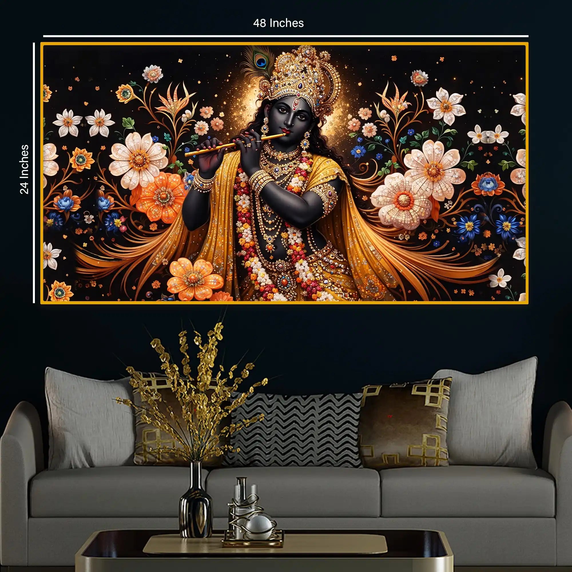 Floral Krishna Crystal Glass Wall Painting for Luxury Décor