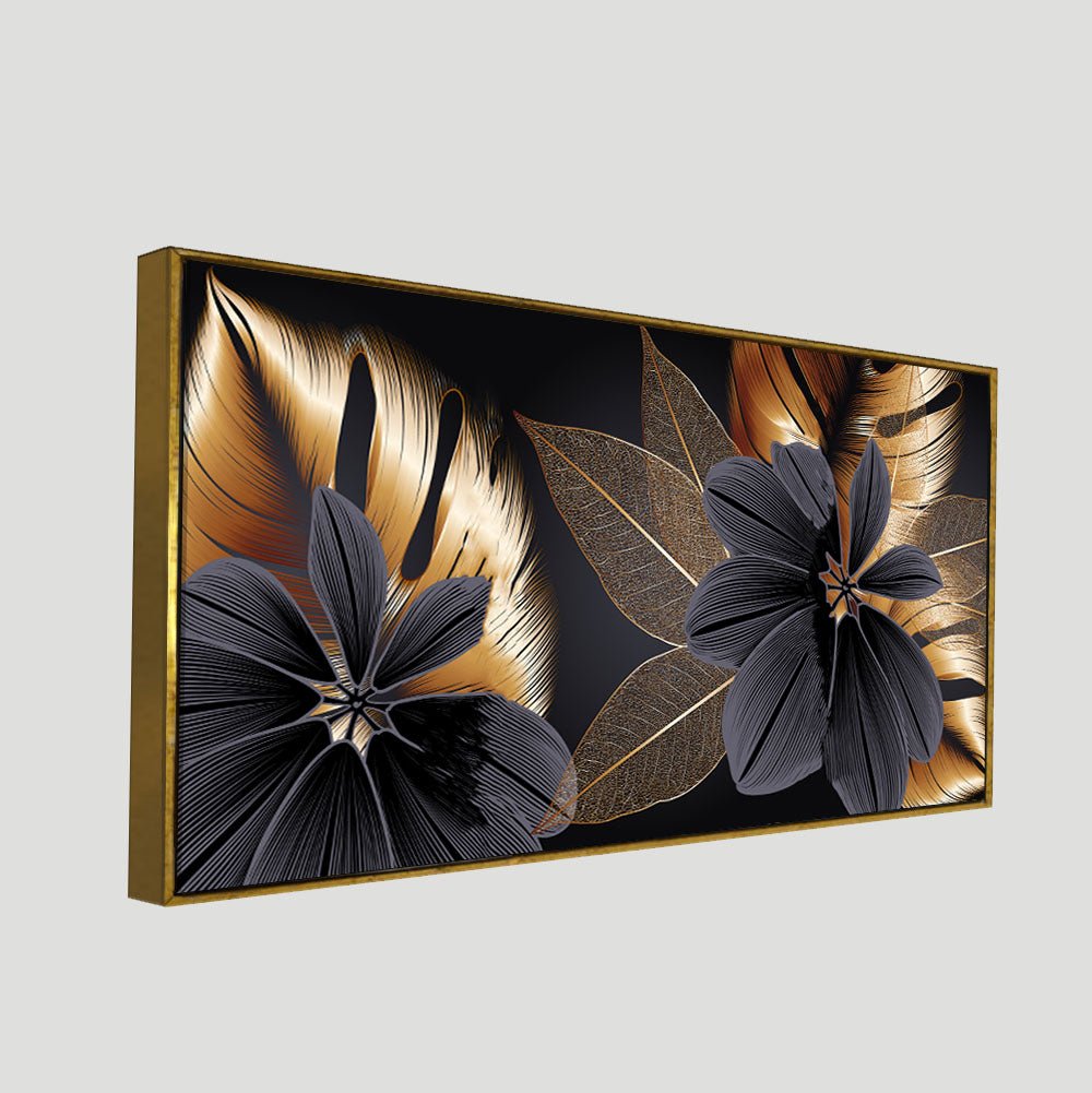 Flowers with Golden Monstera Leaves Wall Painting - Decor Smart