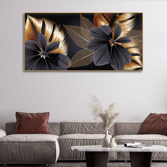 Flowers with Golden Monstera Leaves Wall Painting - Decor Smart