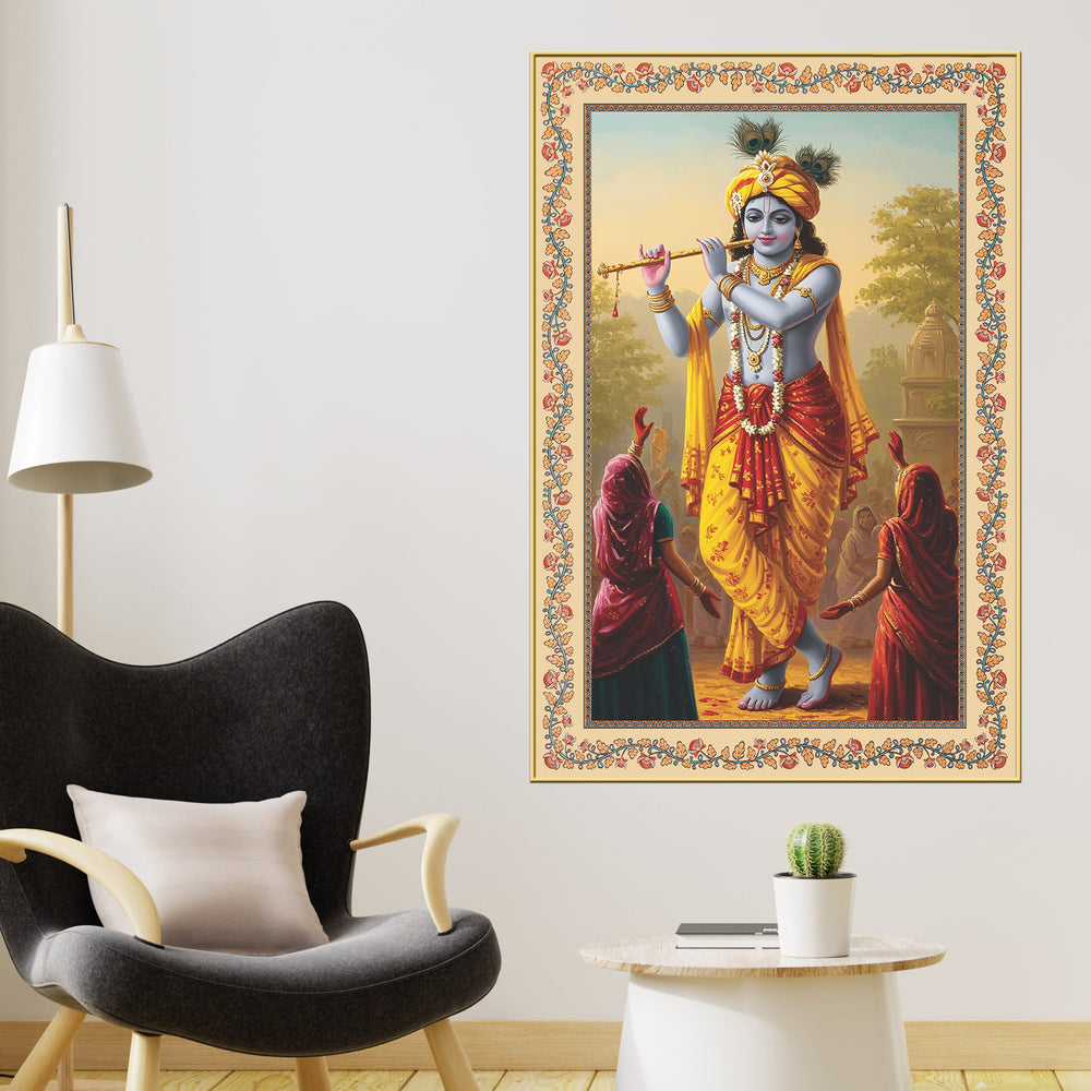 Flute of the Divine Floral Border Vertical Canvas Wall Painting