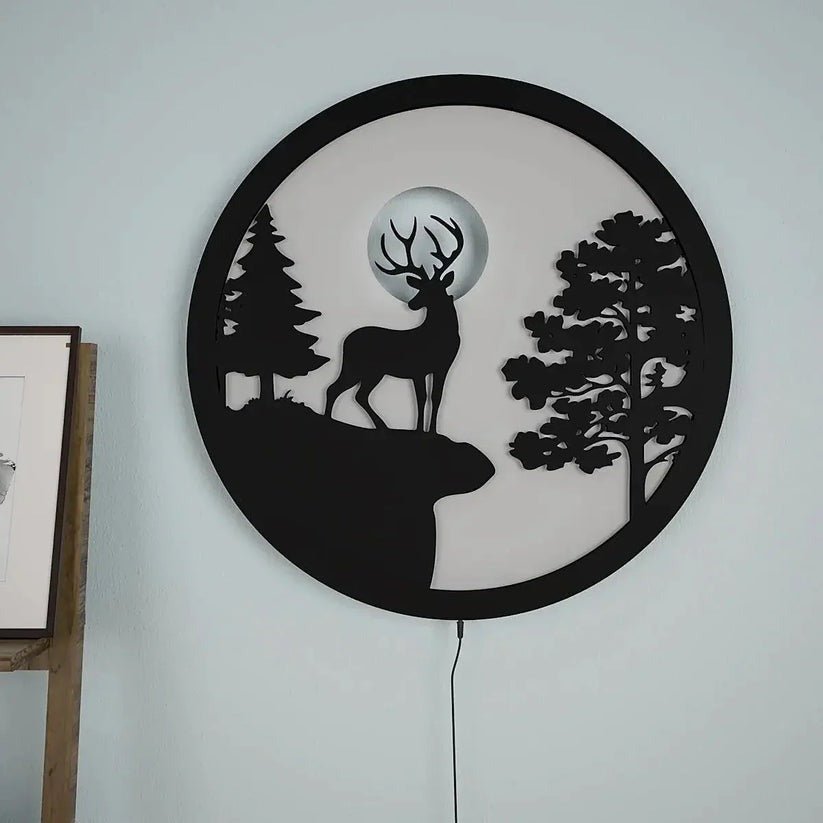 Full Moon Rounded Reindeer Backlit Wooden Wall Decor with LED Night Light - Decor Smart