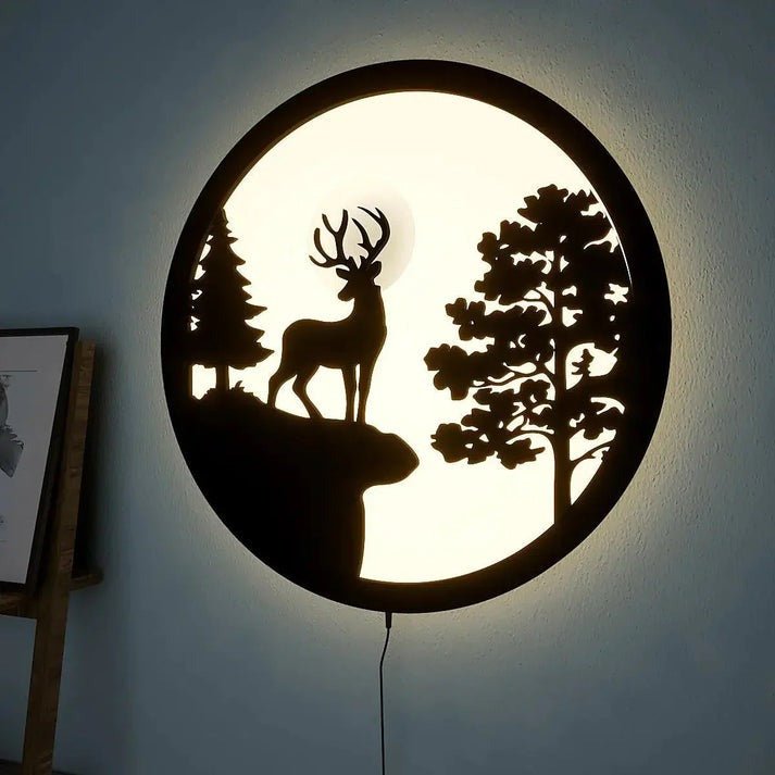 Full Moon Rounded Reindeer Backlit Wooden Wall Decor with LED Night Light - Decor Smart