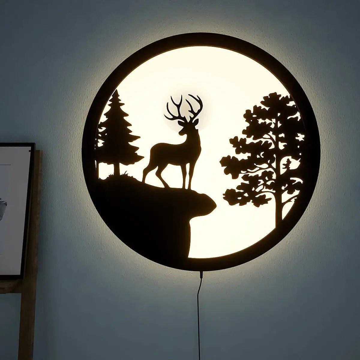 Full Moon Rounded Reindeer Backlit Wooden Wall Decor with LED Night Light - Decor Smart