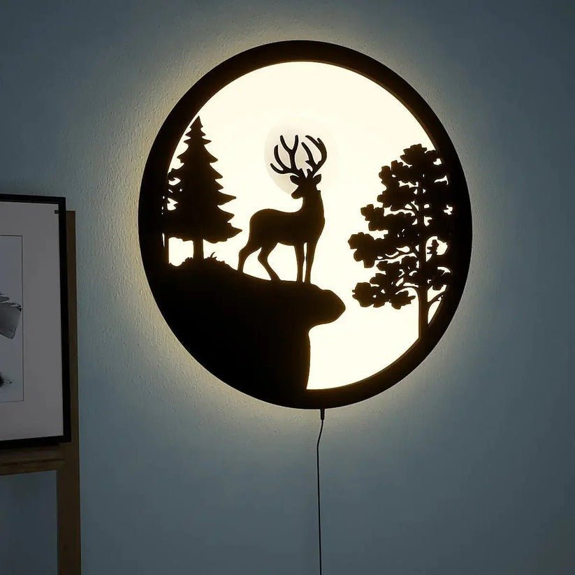 Full Moon Rounded Reindeer Backlit Wooden Wall Decor with LED Night Light - Decor Smart
