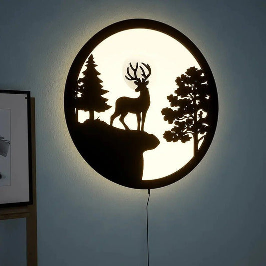 Full Moon Rounded Reindeer Backlit Wooden Wall Decor with LED Night Light - Decor Smart