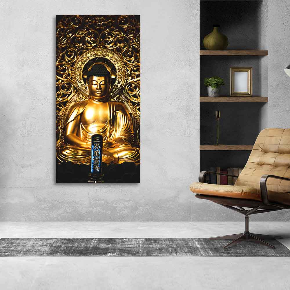 Gautam Buddha Golden Sculpture Vertical Wall Painting - Decor Smart