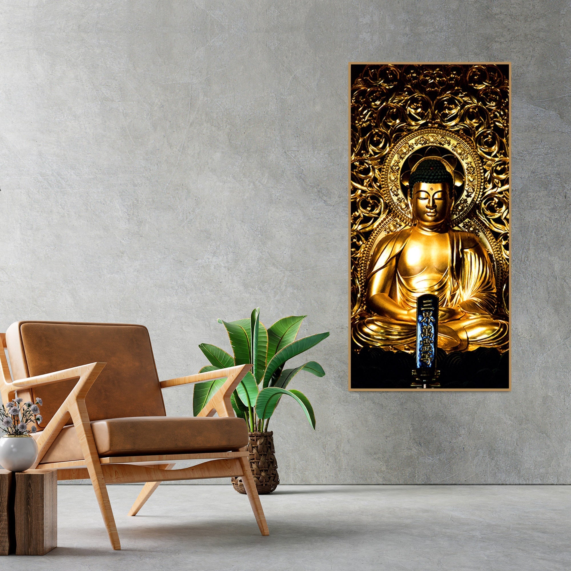 Gautam Buddha Golden Sculpture Vertical Wall Painting - Decor Smart