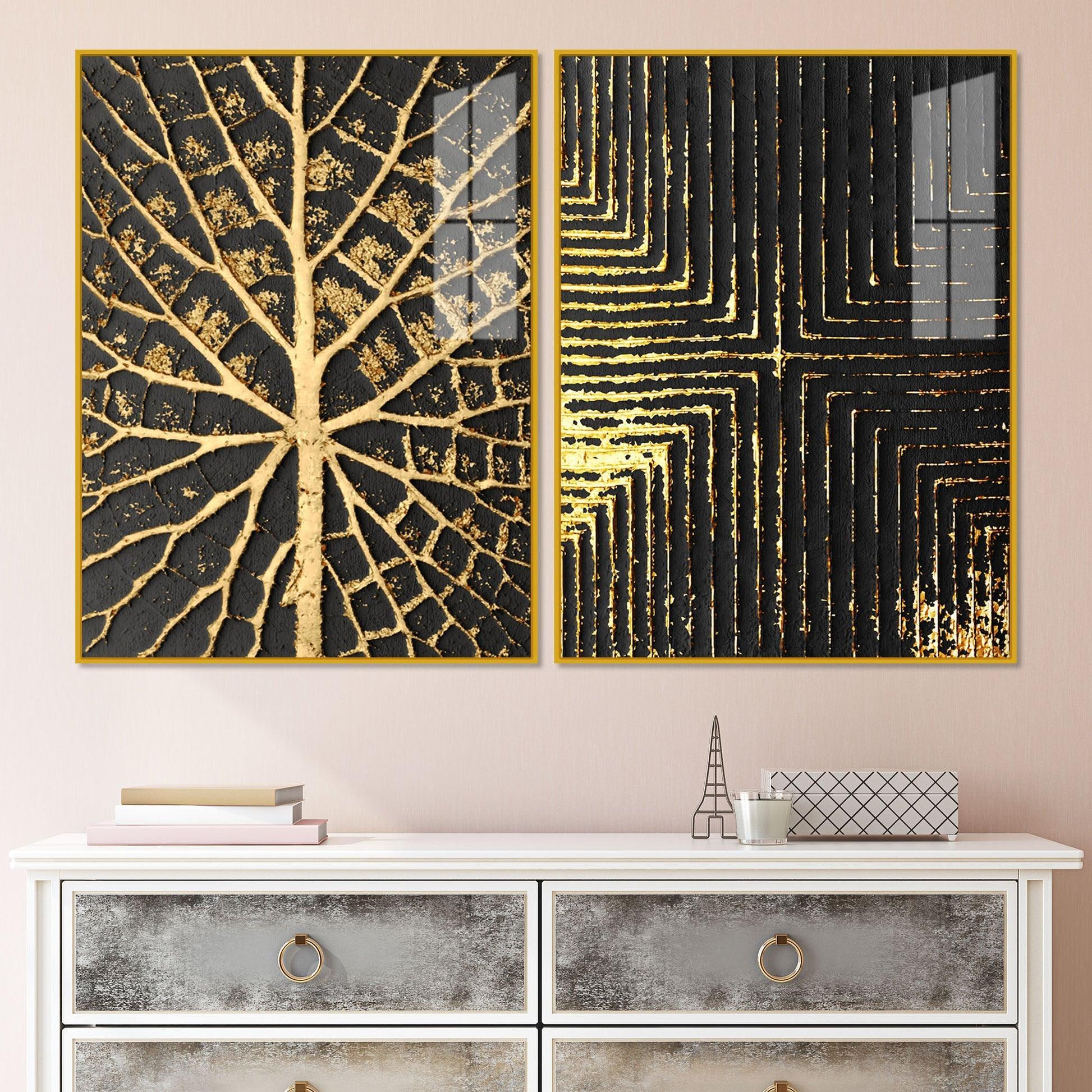 Geometric and Leaf Pattern Acrylic Floating Wall Painting Set of 2 - Decor Smart