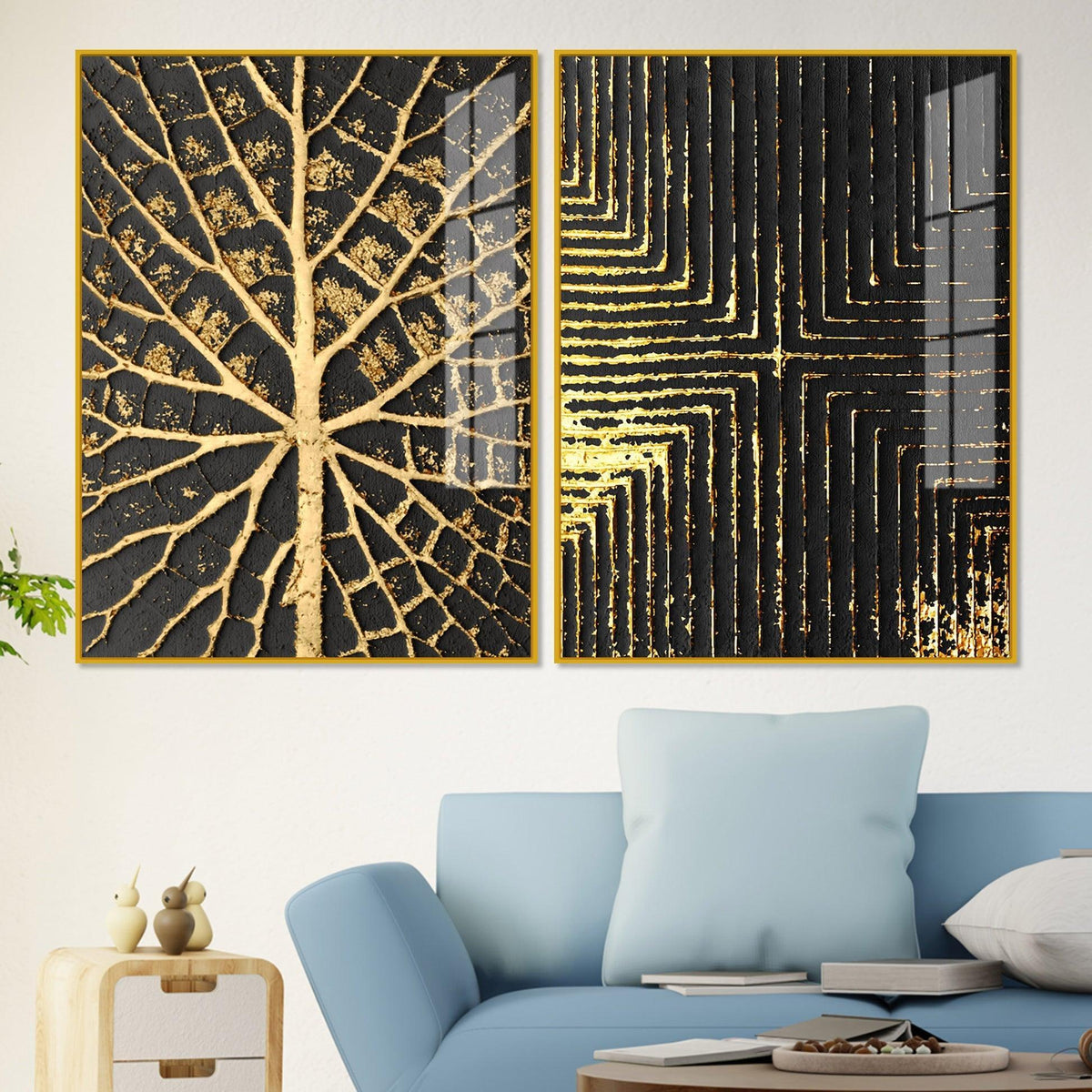 Geometric and Leaf Pattern Acrylic Floating Wall Painting Set of 2 - Decor Smart
