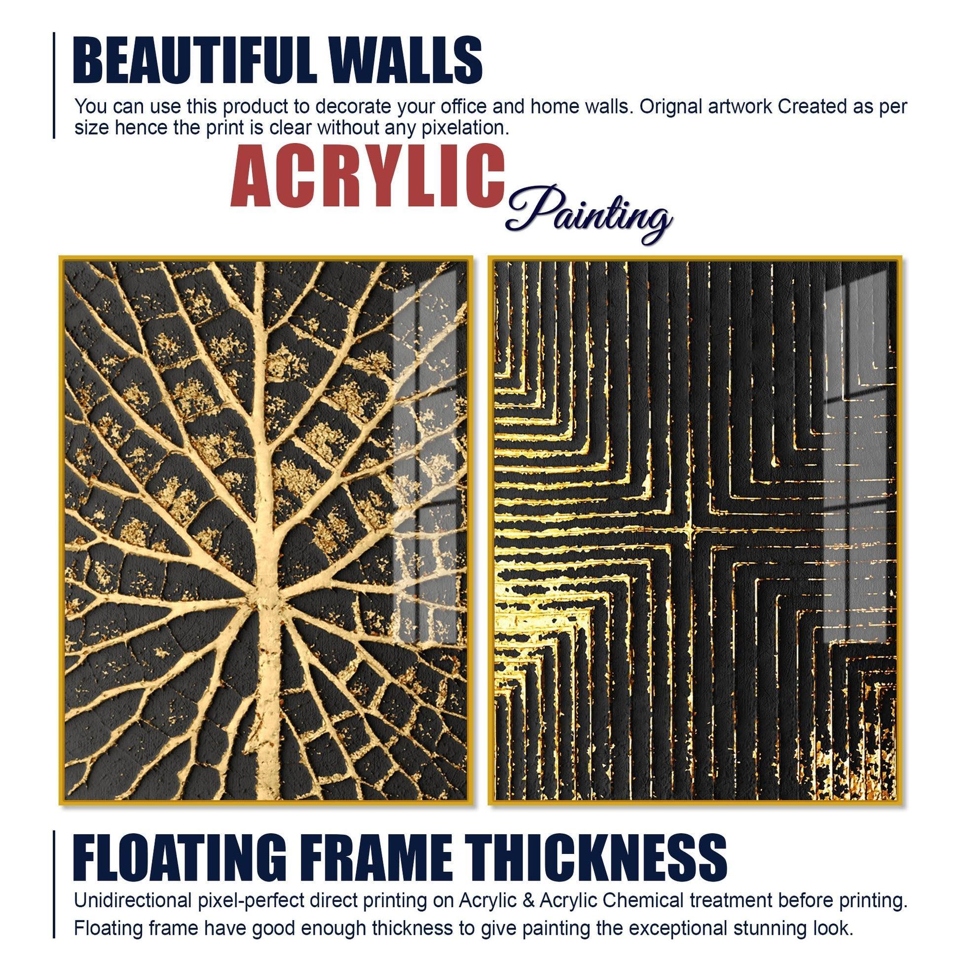 Geometric and Leaf Pattern Acrylic Floating Wall Painting Set of 2 - Decor Smart