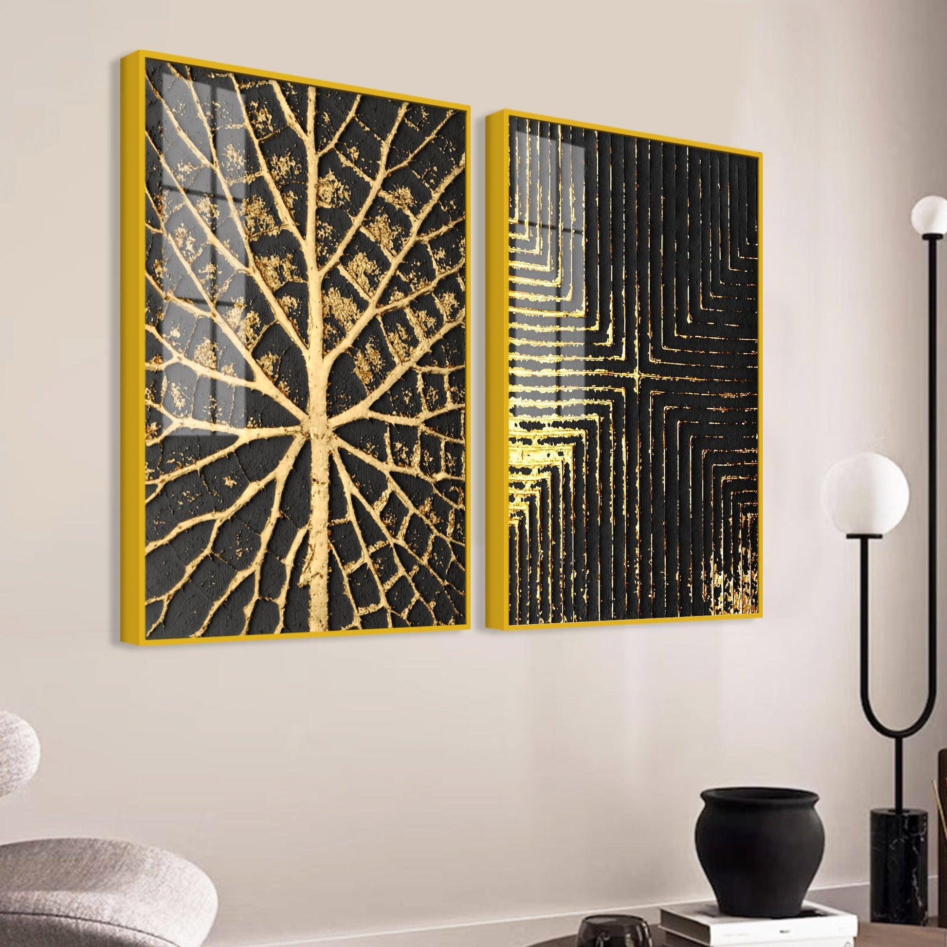 Geometric and Leaf Pattern Acrylic Floating Wall Painting Set of 2 - Decor Smart