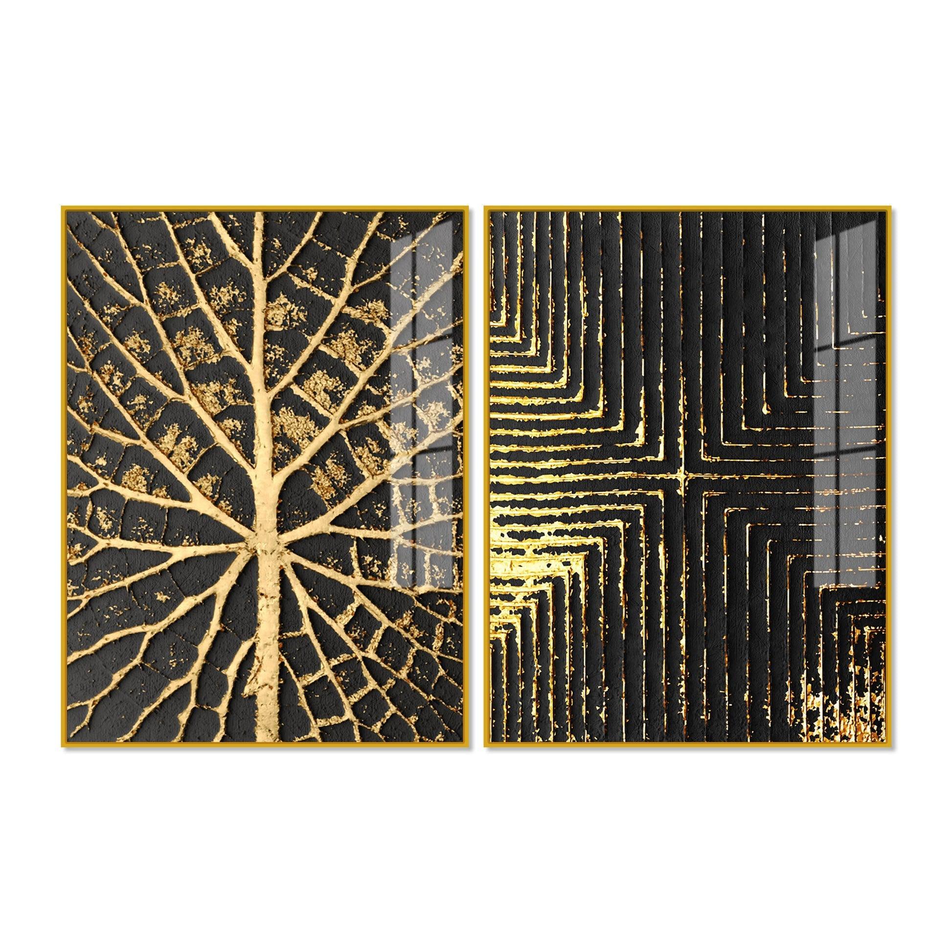 Geometric and Leaf Pattern Acrylic Floating Wall Painting Set of 2 - Decor Smart