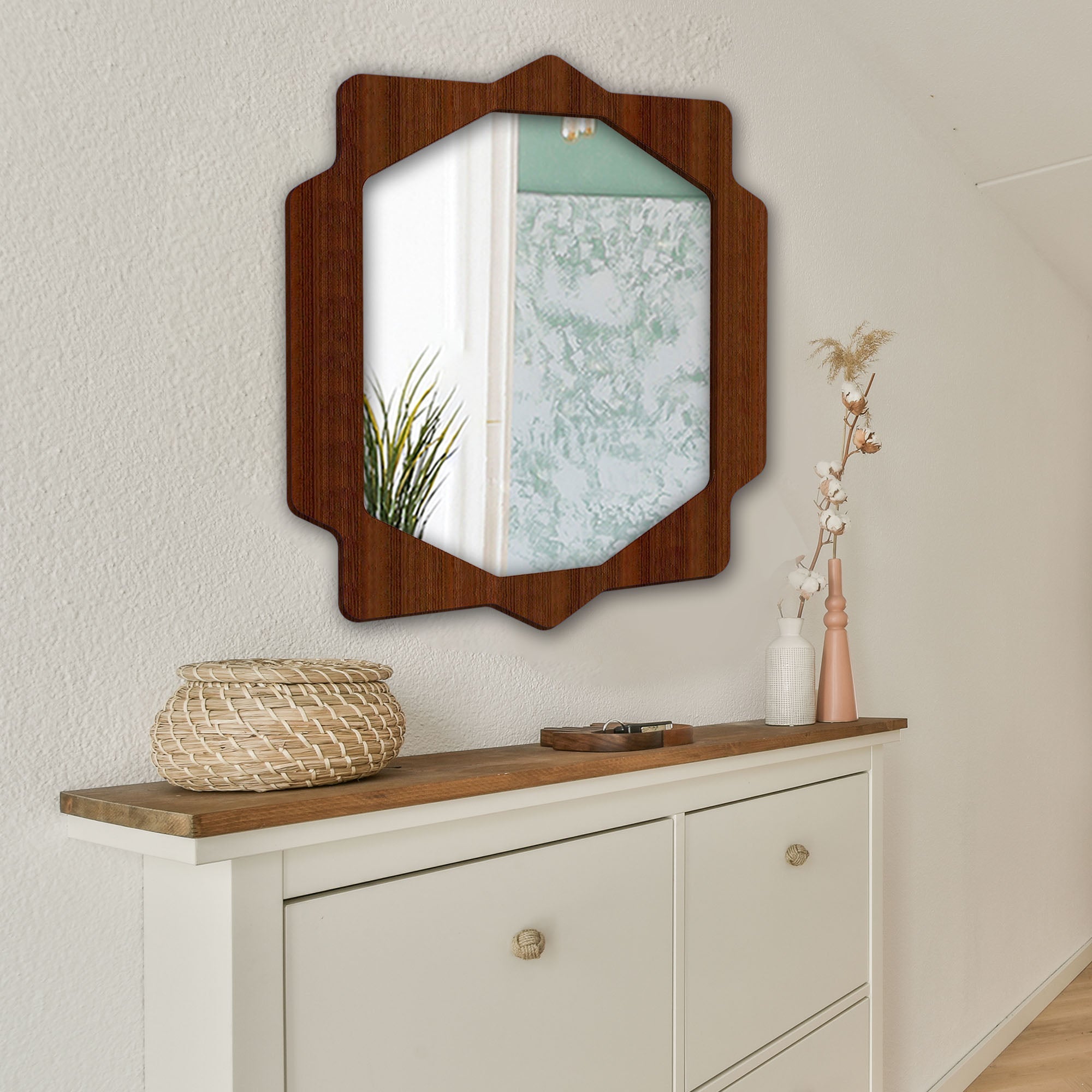 Geometrical Hexagon Shape Decorative Wooden Wall Mirror - Decor Smart