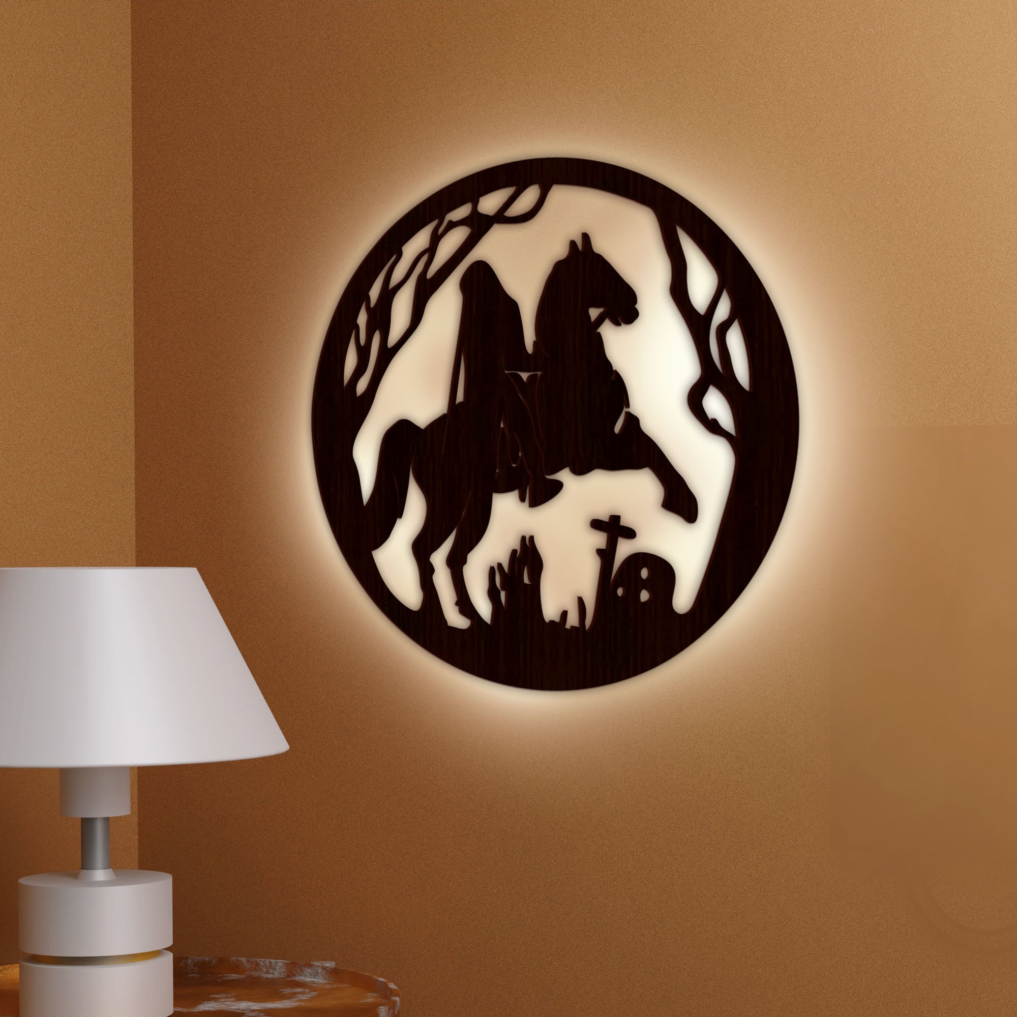 Ghost Rider Backlit Wooden Wall Decor with LED Night Light Walnut Finish - Decor Smart