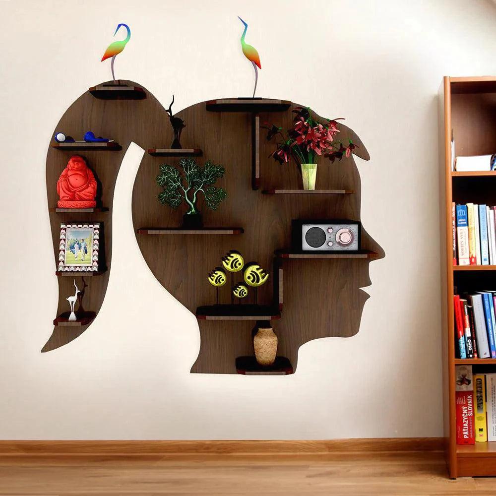Girl Backlit Designer Wooden Wall Shelf / Book Shelf / Night Light, Walnut Finish - Decor Smart