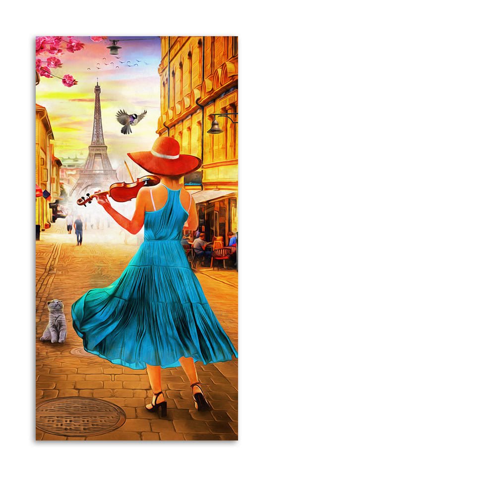 Girl Playing Violin and Eiffel Tower Canvas Wall Painting - Decor Smart