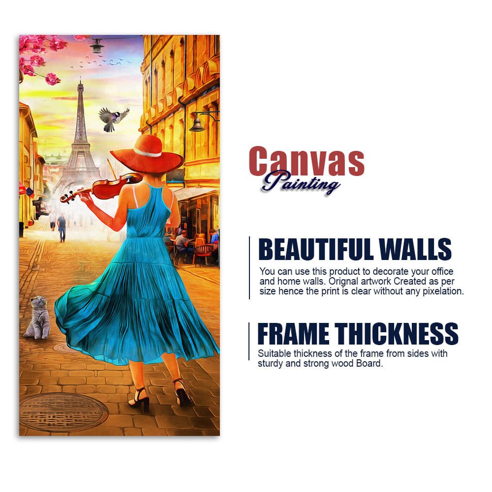 Girl Playing Violin and Eiffel Tower Canvas Wall Painting - Decor Smart