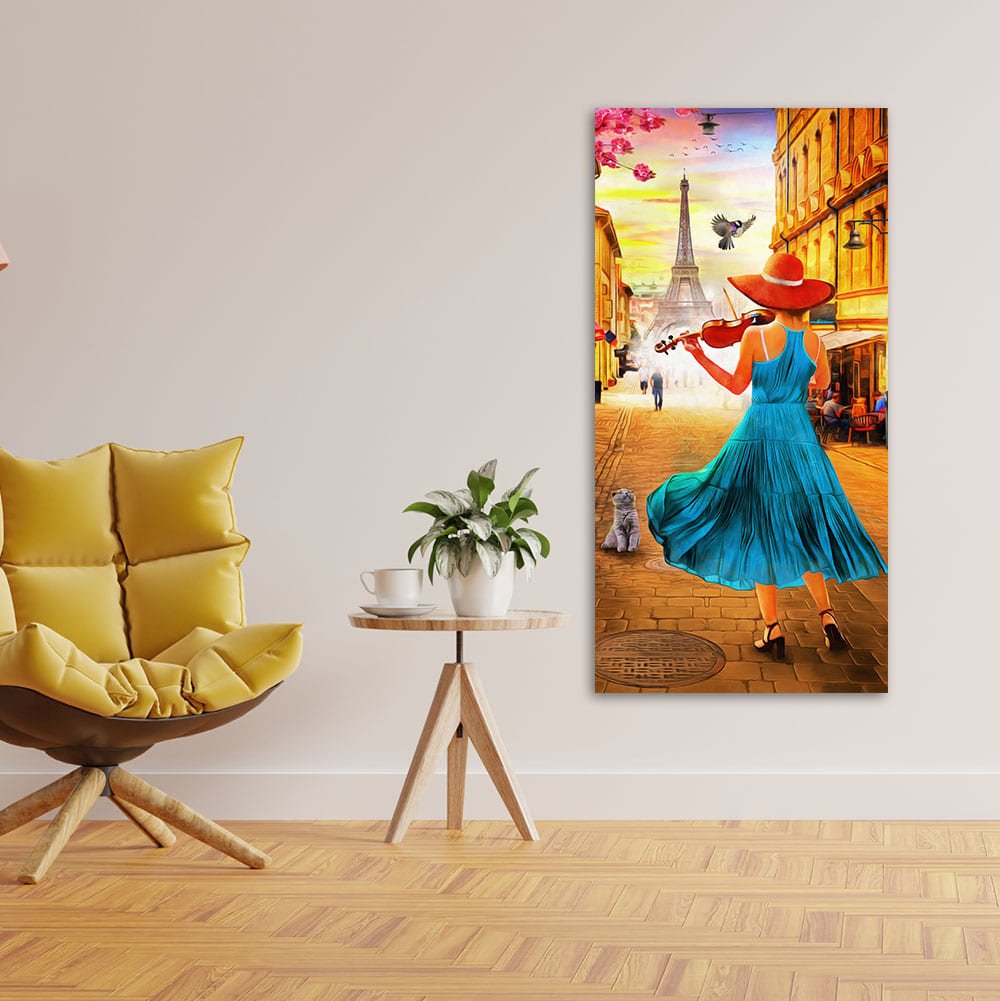 Girl Playing Violin and Eiffel Tower Canvas Wall Painting - Decor Smart