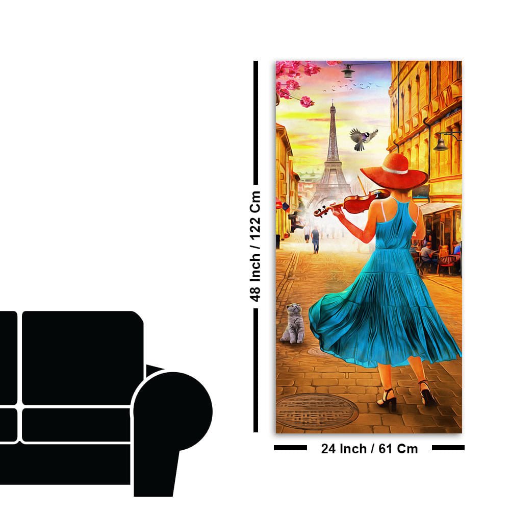 Girl Playing Violin and Eiffel Tower Canvas Wall Painting - Decor Smart