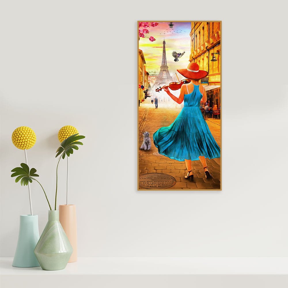 Girl Playing Violin and Eiffel Tower Canvas Wall Painting - Decor Smart