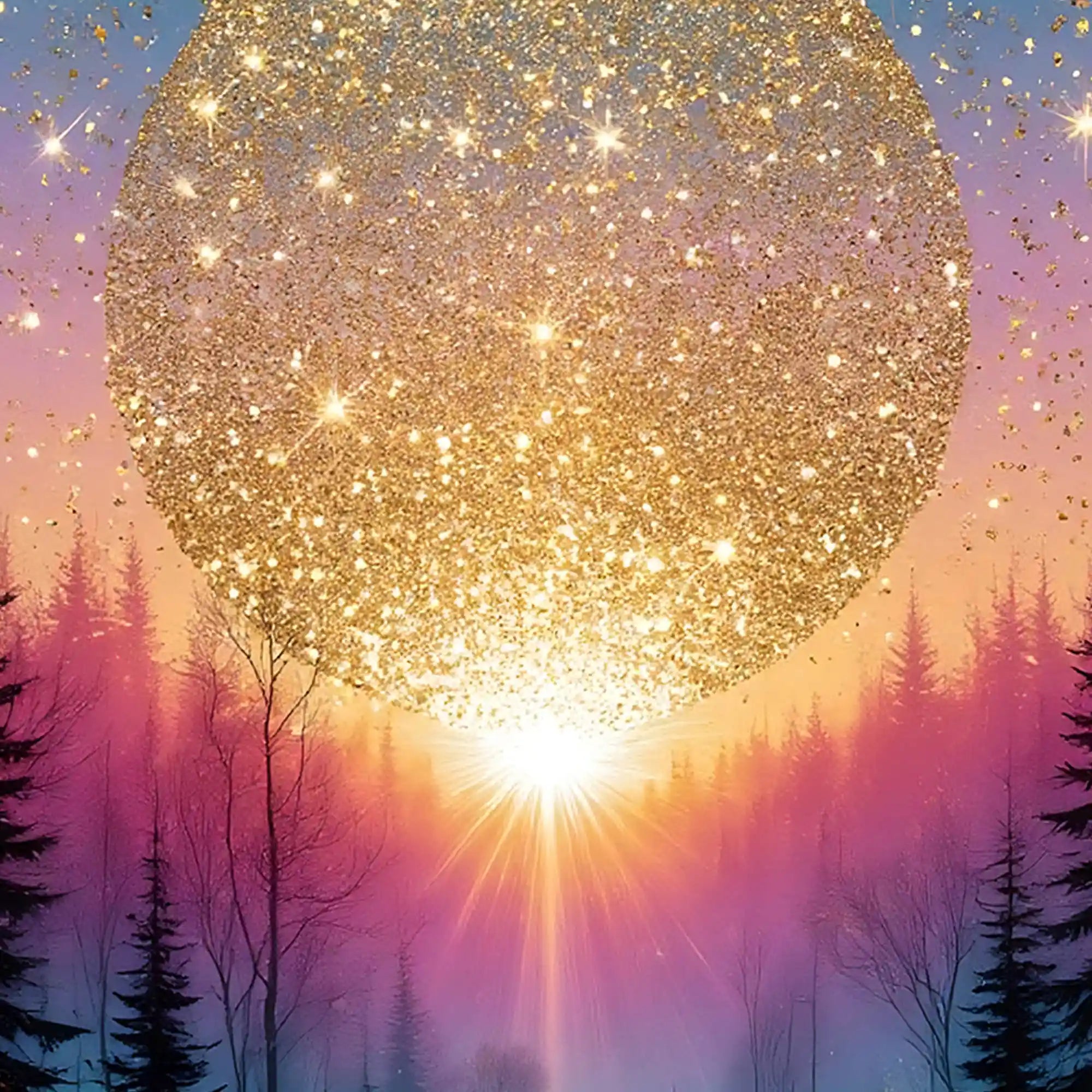 Glittering Sun Over Forest Floating Frame Crystal Wall Painting