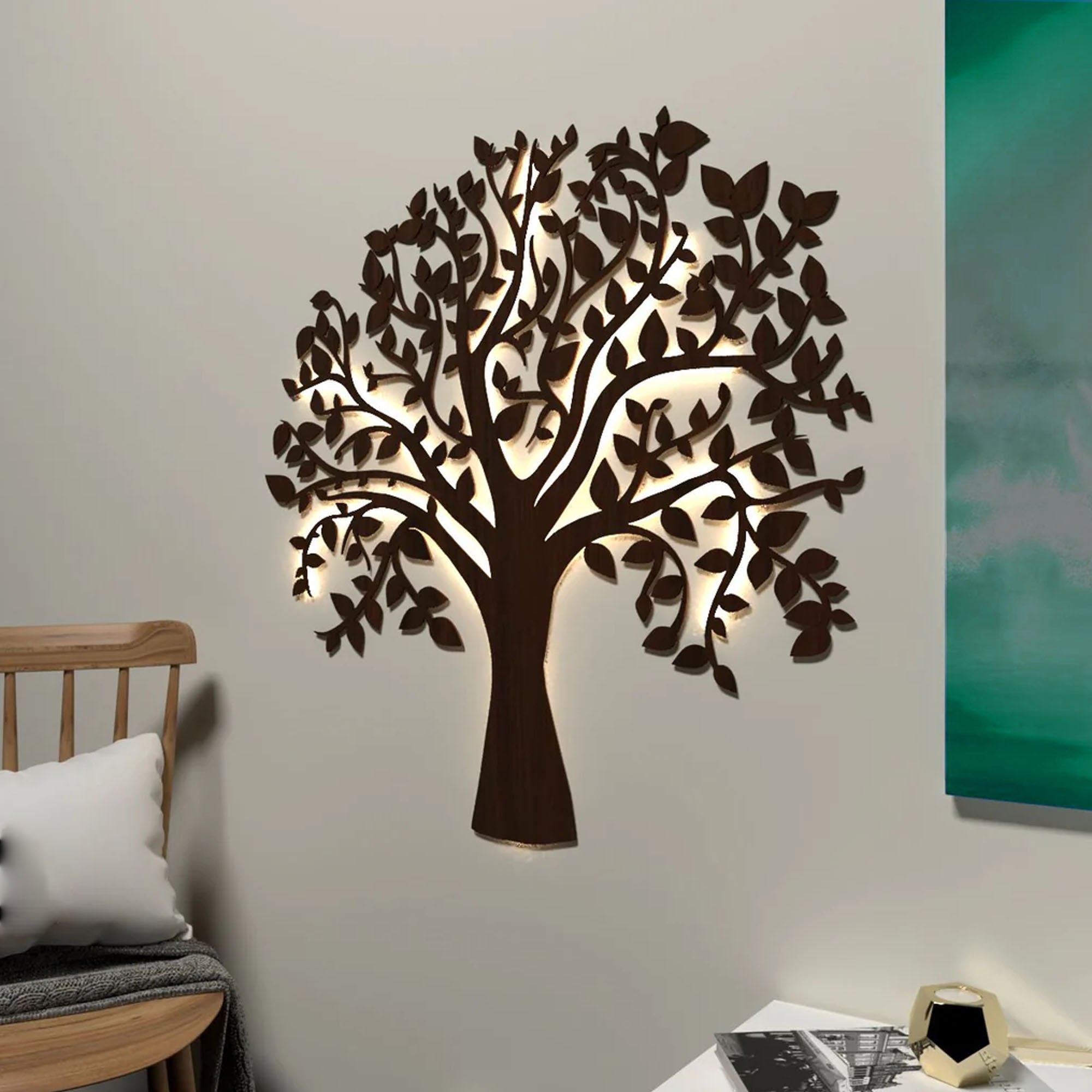 Glowing Tree Backlit Wooden Wall Art with LED Night Light Walnut Finish - Decor Smart